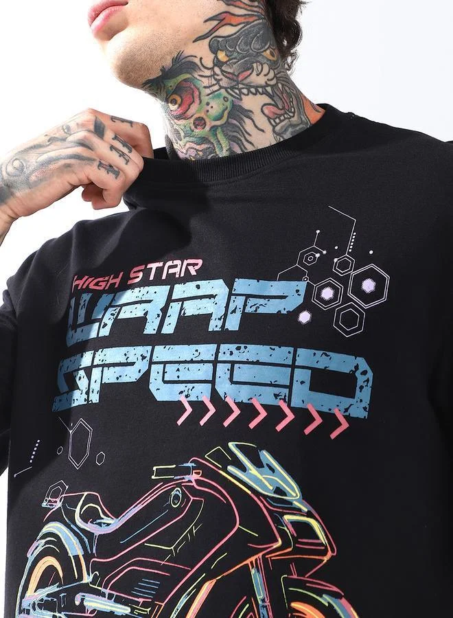 HIGH STAR Black Moto Racer Graphic Printed Round Neck Short Sleeves Relaxed Fit Cotton T-shirt for Men | Best Price UAE