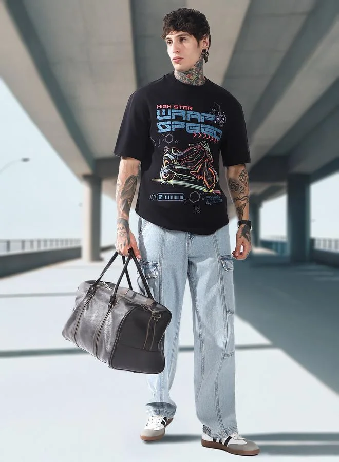 HIGH STAR Moto Racer Graphic Printed Round Neck Short Sleeves Relaxed Fit Cotton T-shirt