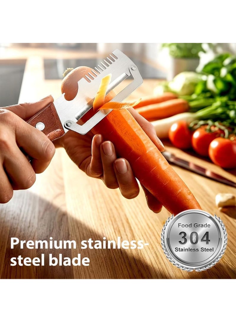 saykfoe [1 PC]  2 in 1 Serrated Peeling Knife Premium Vegetable Peeler, Multifunctional Kitchen Tool with Stainless Steel Blade, Wooden Handle, Bottle Opener, Fruit Potato Peeler, Scallion Shredder - Image 5