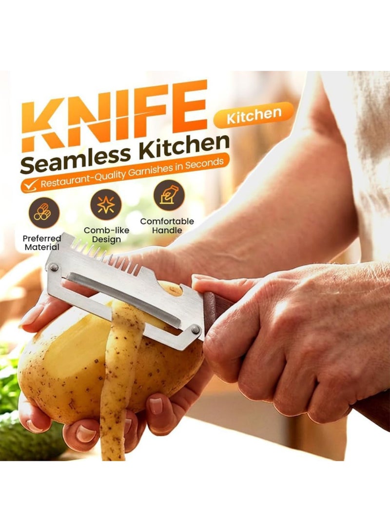 saykfoe [1 PC]  2 in 1 Serrated Peeling Knife Premium Vegetable Peeler, Multifunctional Kitchen Tool with Stainless Steel Blade, Wooden Handle, Bottle Opener, Fruit Potato Peeler, Scallion Shredder - Image 2
