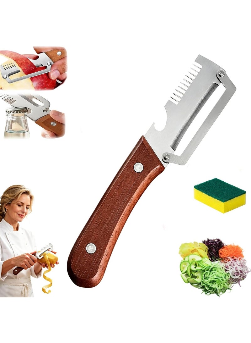 saykfoe [1 PC]  2 in 1 Serrated Peeling Knife Premium Vegetable Peeler, Multifunctional Kitchen Tool with Stainless Steel Blade, Wooden Handle, Bottle Opener, Fruit Potato Peeler, Scallion Shredder - Image 1