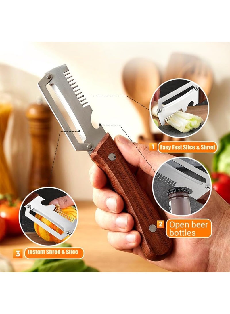 saykfoe [1 PC]  2 in 1 Serrated Peeling Knife Premium Vegetable Peeler, Multifunctional Kitchen Tool with Stainless Steel Blade, Wooden Handle, Bottle Opener, Fruit Potato Peeler, Scallion Shredder - Image 3