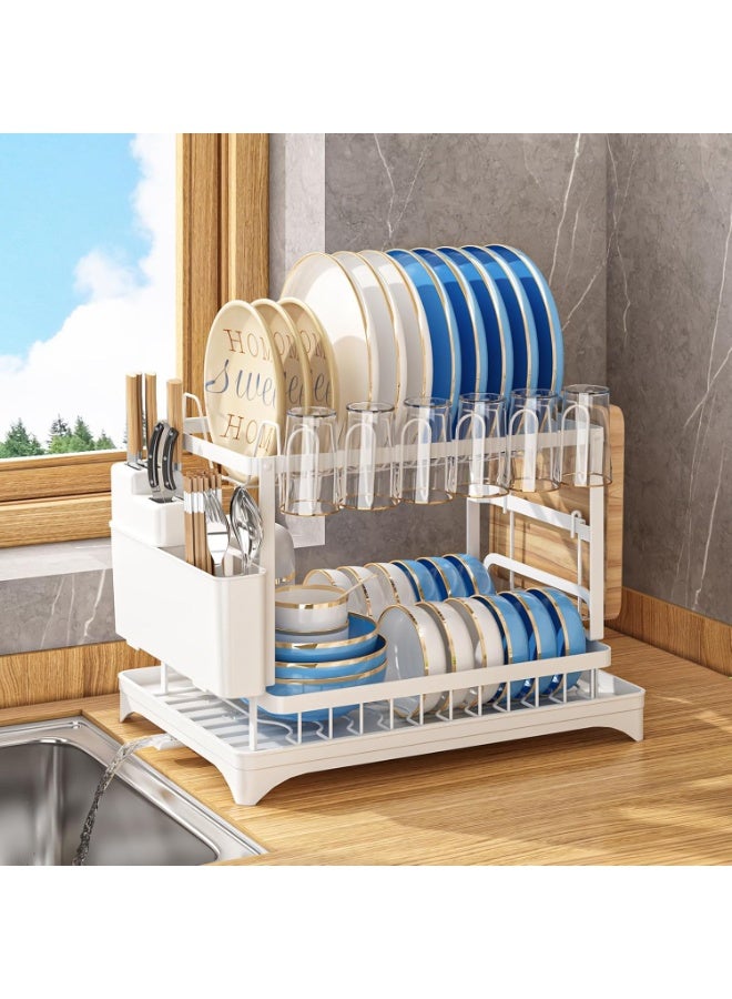 rayze 2-Tier Foldable Cutlery Drying Rack/Cup/Bottle Plate Organizer with Cutlery Rack and Cutting Board Rack and Drain Tray, Rotatable Drain System, Anti-Scratch Frosted Baked Craft Coating (White) - Image 1
