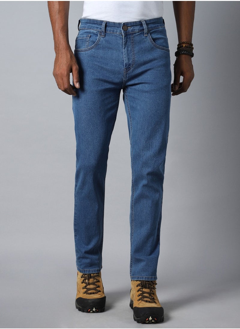 HIGH STAR - Indigo Tapered Fit Jeans for Men, Mid-Rise, Mildly Distressed, Stretchable - Image 1