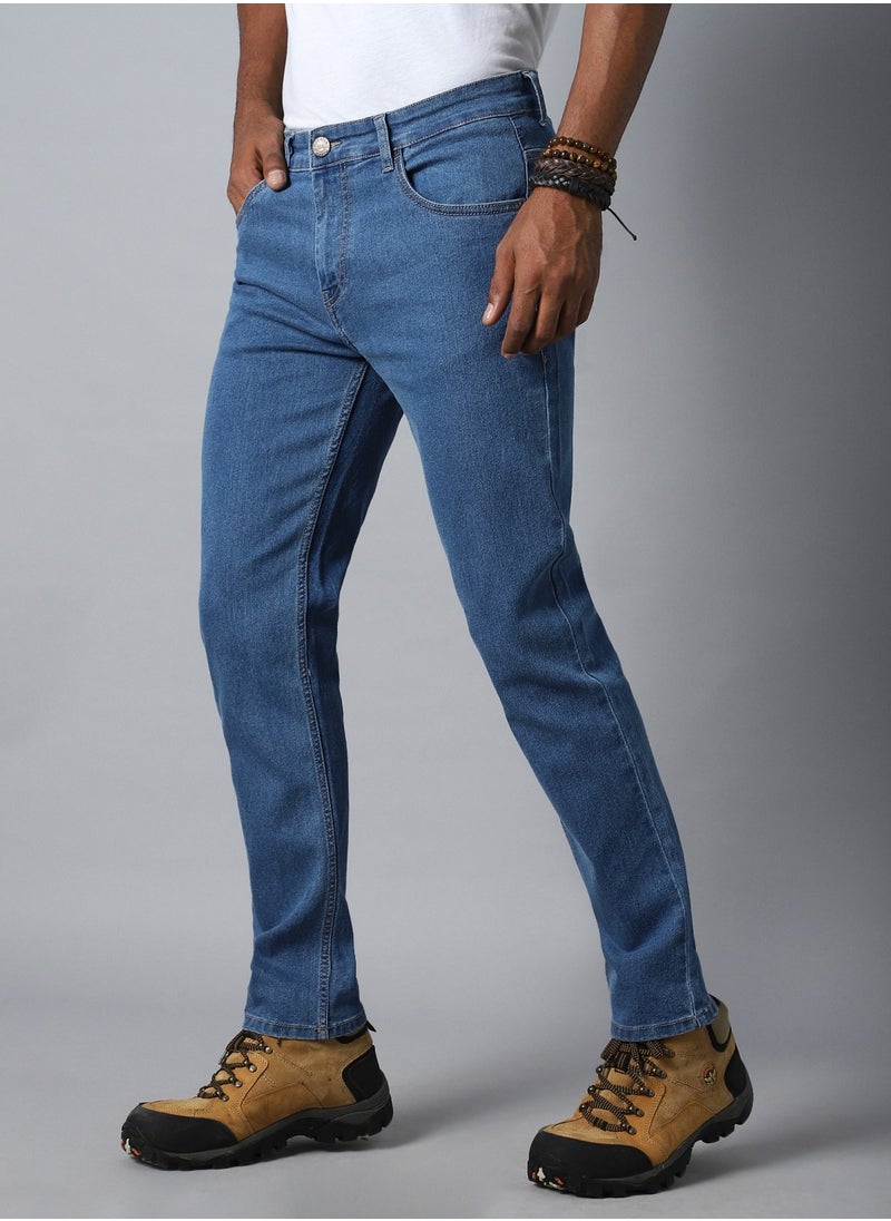 HIGH STAR - Indigo Tapered Fit Jeans for Men, Mid-Rise, Mildly Distressed, Stretchable - Image 1