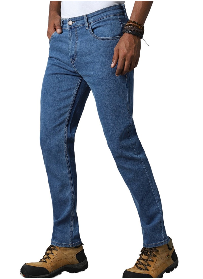 HIGH STAR - Indigo Tapered Fit Jeans for Men, Mid-Rise, Mildly Distressed, Stretchable - Image 1