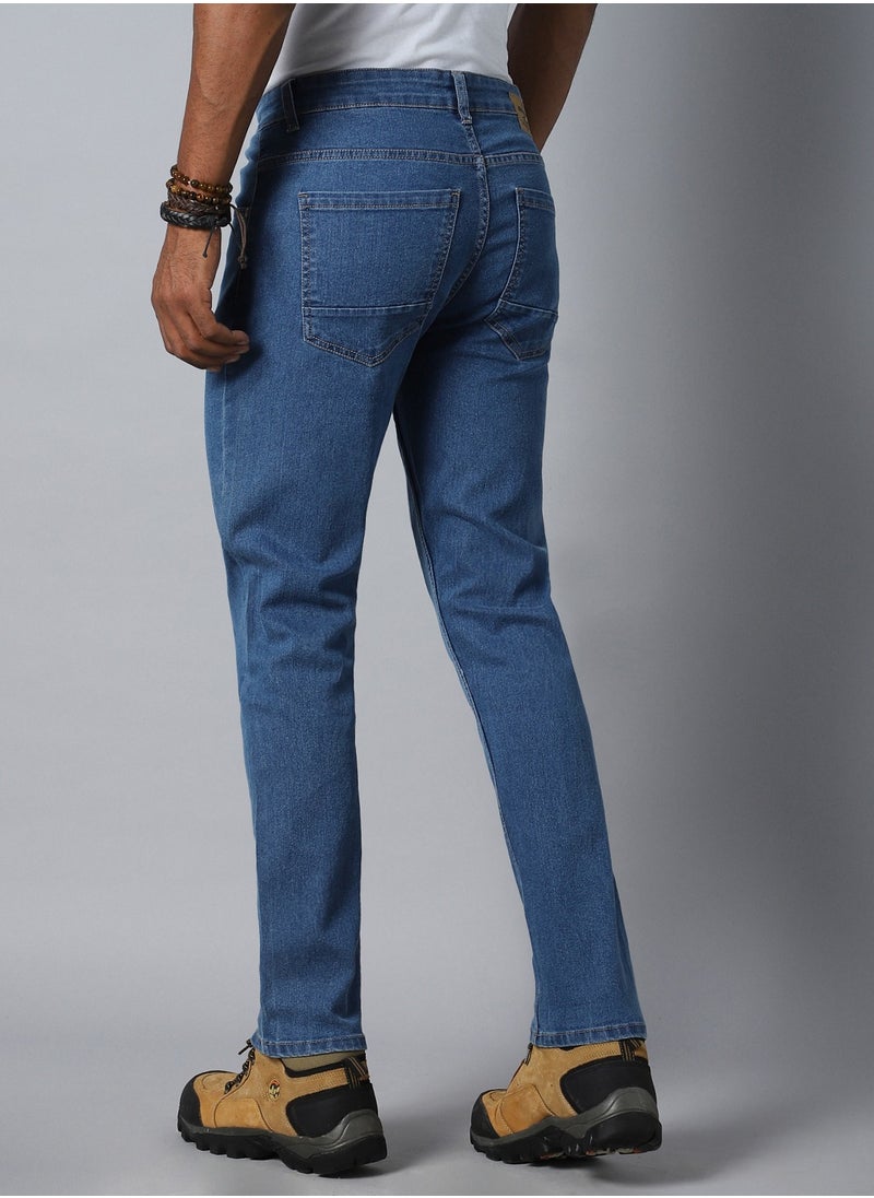 HIGH STAR - Indigo Tapered Fit Jeans for Men, Mid-Rise, Mildly Distressed, Stretchable - Image 1