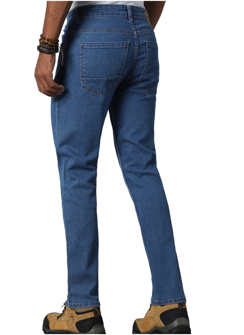 HIGH STAR - Indigo Tapered Fit Jeans for Men, Mid-Rise, Mildly Distressed, Stretchable - Image 1