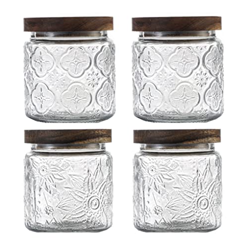 ANSQU 4 Pack Vintage Glass Storage Jar 169 FL OZ Glass Canister Storage Jar Container with Airtight Wooden Lid for Kitchen Counter Pantry Coffee Tea Sugar Cookie Jars BegoniaSunflower - Image 1