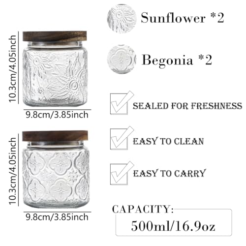 ANSQU 4 Pack Vintage Glass Storage Jar 169 FL OZ Glass Canister Storage Jar Container with Airtight Wooden Lid for Kitchen Counter Pantry Coffee Tea Sugar Cookie Jars BegoniaSunflower - Image 3