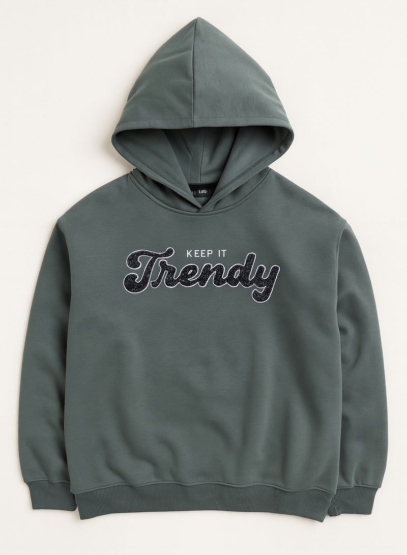 victor and jane “Keep It Trendy” Graphic Hoodie for Ladies – Teal Blue | 100% Cotton Fleece | - Image 2
