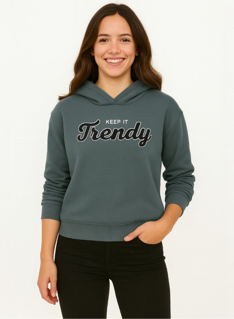 victor and jane “Keep It Trendy” Graphic Hoodie for Ladies – Teal Blue | 100% Cotton Fleece | - Image 1