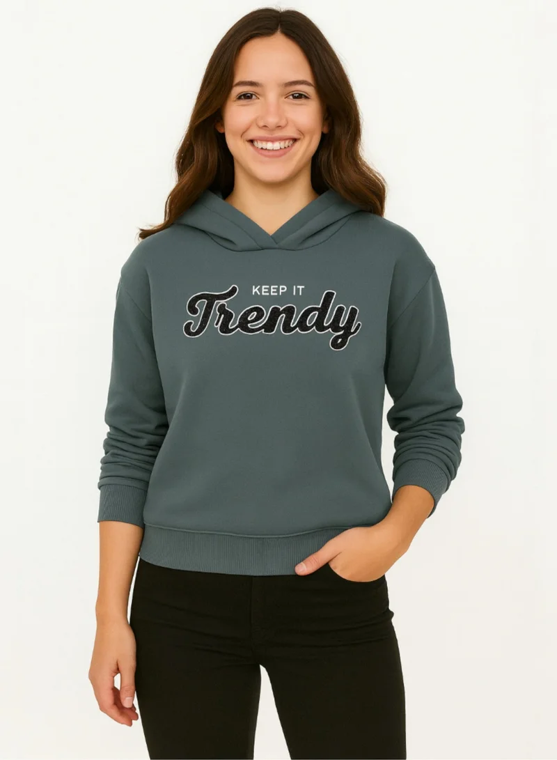 victor and jane “Keep It Trendy” Graphic Hoodie for Ladies – Teal Blue | 100% Cotton Fleece |