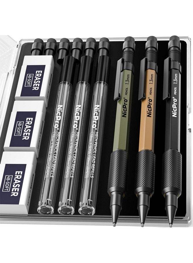 Nicpro 3 Pcs 1.3 Mm Mechanical Pencil Set 3 Colors With 36 Lead Refill, 3 Eraser - Weatherproof Metal Mp2000 Heavy Duty Carpenter Pencil For Outdoor Marking Drafting Drawing Woodworking - Image 1