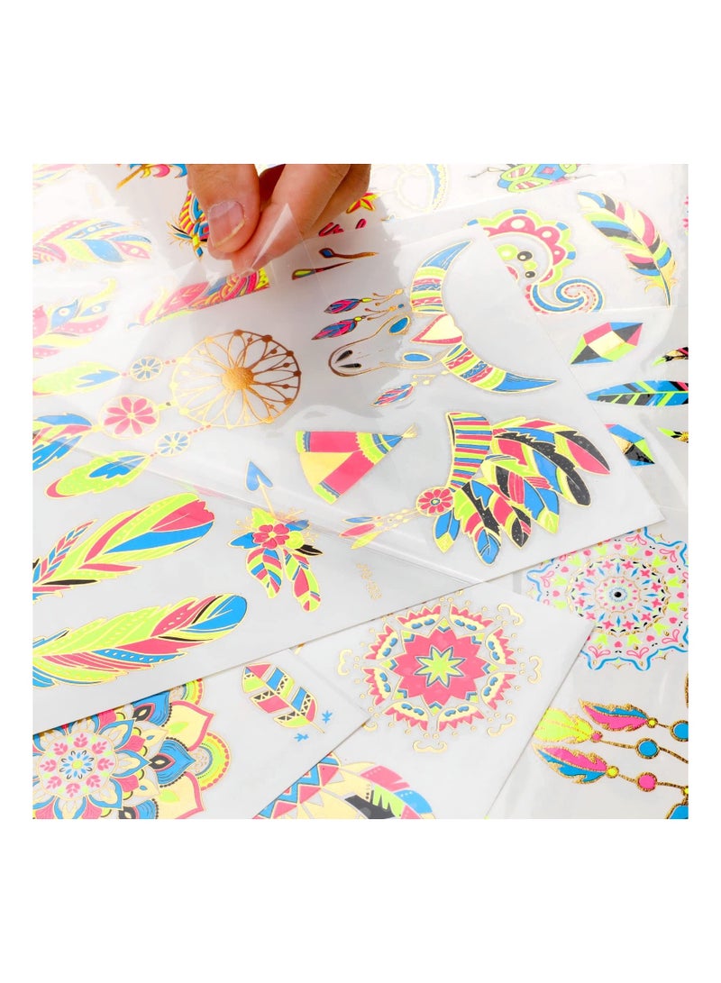 SYOSI 8 Large Neon Glow in The Dark Metallic Gold Temporary Tattoos, Assorted Designs Glow UV Neon Metallic Peacock Feather Mandala Flower Fake Waterproof Tattoo Stickers for Women Men Girls Body Art - Image 4