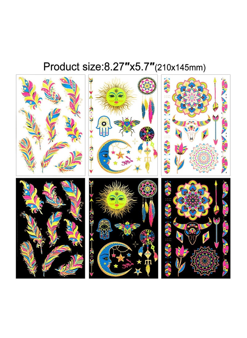 SYOSI 8 Large Neon Glow in The Dark Metallic Gold Temporary Tattoos, Assorted Designs Glow UV Neon Metallic Peacock Feather Mandala Flower Fake Waterproof Tattoo Stickers for Women Men Girls Body Art - Image 5