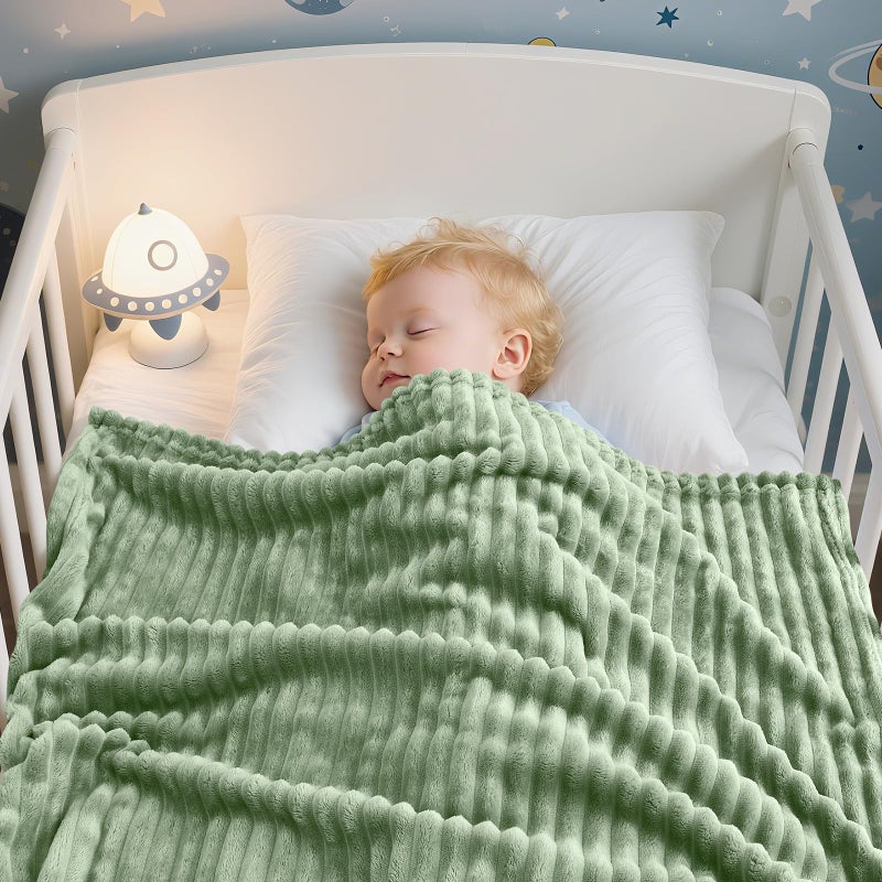 Eonkasp Soft Fleece Baby Blanket Ultra Cozy Green Baby Blankets for Boys Warm and Lightweight Infant Toddler Newborn Receiving Gift with Reversible Stripes for Crib Stroller, 30x40 Inch, Sage Green - Image 3