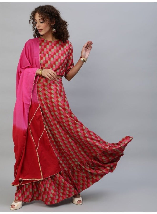 AKS Red & Pink Gold Printed Lehenga Choli With Tie & Dye Dupatta Set  - Image 1