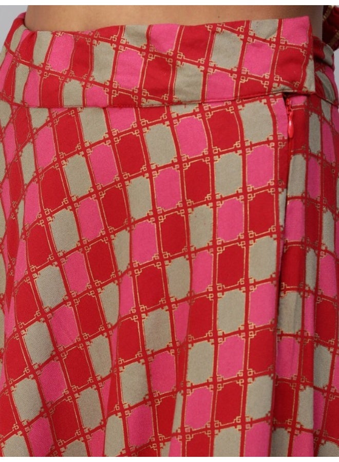 AKS Red & Pink Gold Printed Lehenga Choli With Tie & Dye Dupatta Set  - Image 3