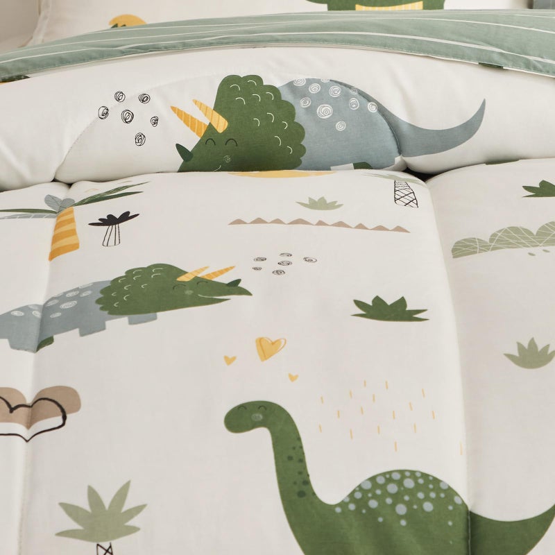 Joyreap 4 Piece Dinosaur Toddler Bedding Set, Cotton Toddler Comforter Sheet Set, Green Dinosaurs Print on White Design for Kids Boys n Girls - Image 4