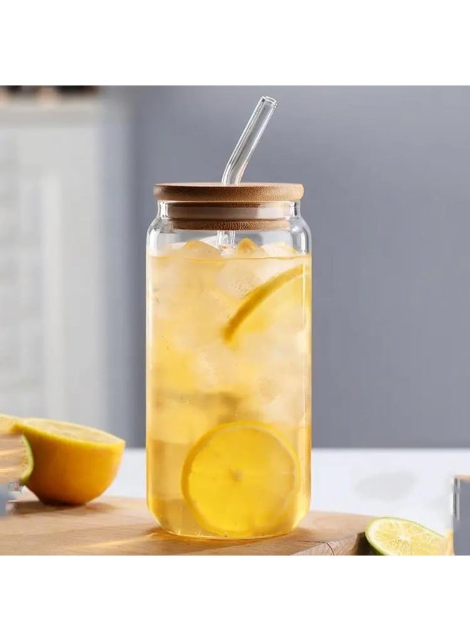 كوب زجاجي بغطاء من الخيزران وقشة زجاجية – قابل لإعادة الاستخدام للمشروبات الباردة أو الساخنة مثل القهوة والعصير والسموذي – تصميم أنيق صديق للبيئة وآمن في غسالة الصحون – 1 قطعة - Image 2