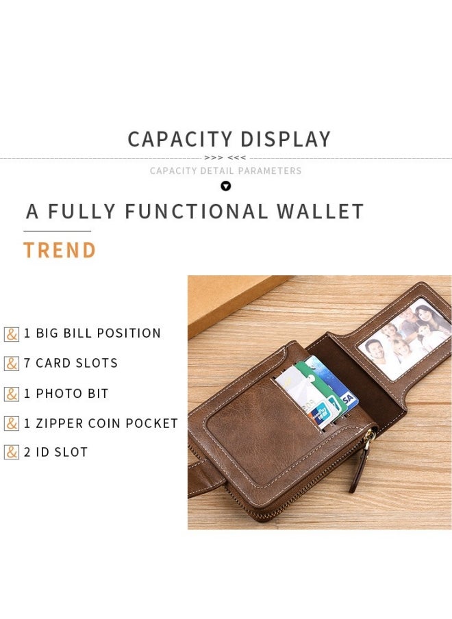 Men's Retro Wallet, Boy's Portable Multi-card Slot Silver Coin Bag Cash Purse with Photo Slot, Foldable Horizontal Zipper Buckle Card Holder Passport Bag for Teenagers/College Students(Brown)  - Image 3