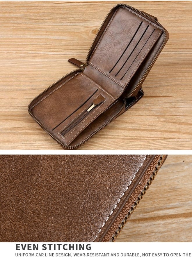 Men's Retro Wallet, Boy's Portable Multi-card Slot Silver Coin Bag Cash Purse with Photo Slot, Foldable Horizontal Zipper Buckle Card Holder Passport Bag for Teenagers/College Students(Brown)  - Image 5