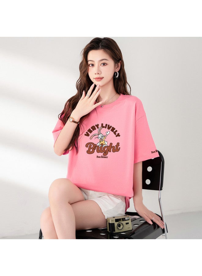 Baleno Oversized Short Sleeve T-shirt Women Summer Casual Loose Fit Mid-long Tee With Cartoon Print Round Neck Breathable Cotton Top - Image 4