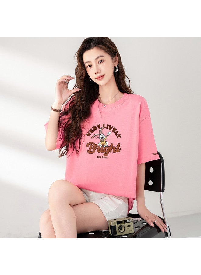 Baleno Oversized Short Sleeve T-shirt Women Summer Casual Loose Fit Mid-long Tee With Cartoon Print Round Neck Breathable Cotton Top - Image 5