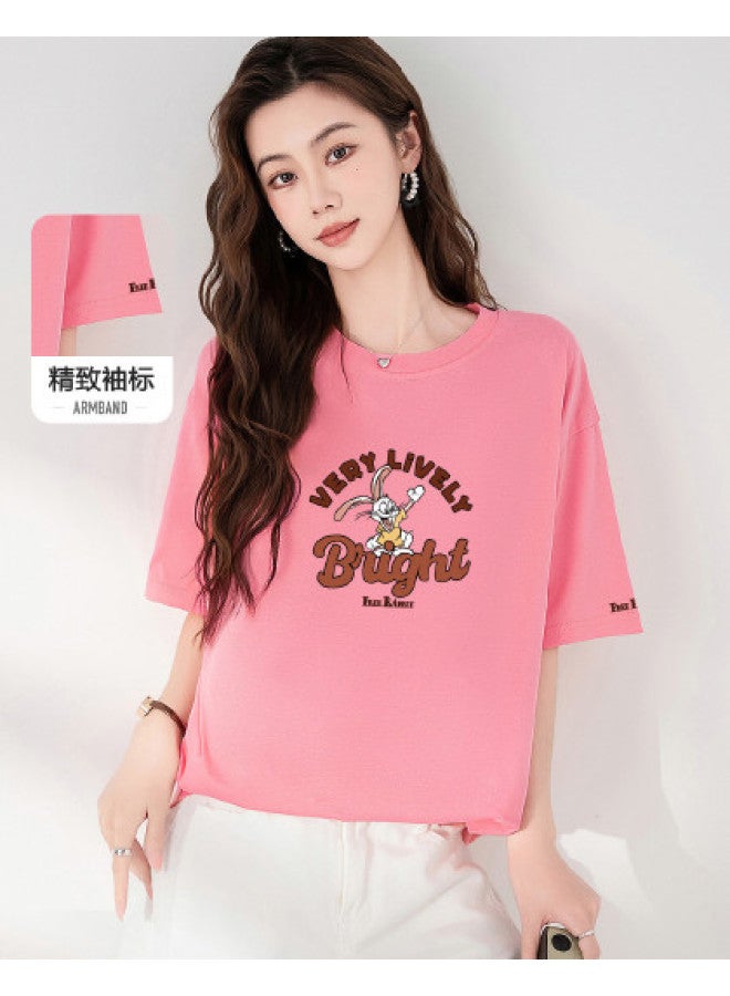 Baleno Oversized Short Sleeve T-shirt Women Summer Casual Loose Fit Mid-long Tee With Cartoon Print Round Neck Breathable Cotton Top - Image 1