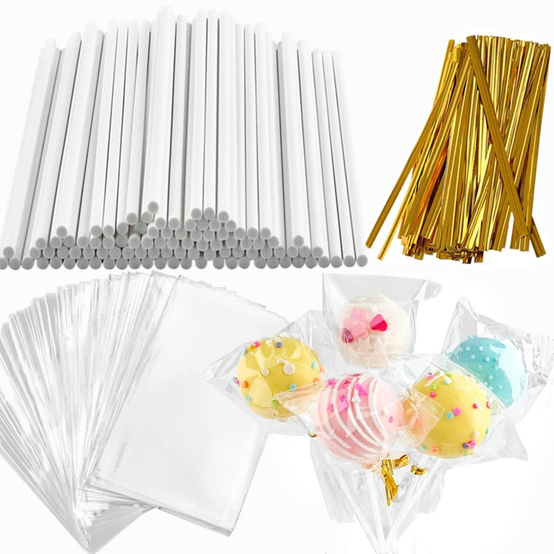 JOERSH 360Pcs Cake Pop Sticks And Wrappers Ties Kit  Including 120Ct 6-Inch Paper Lollipop Stick  120Ct Cake Pop Parcel Bag  120Ct Gold Twist Tie For Candy Making Packaging Supplies - Image 1