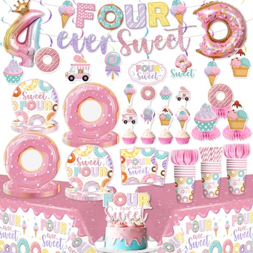 Yingoto 180pcs Four Ever Sweet Birthday Decorations Serves 25 Allinone Set with Banner Hanging Tableware Tablecloth Balloons Cupcake Topper Etc for 4th Birthday Decorations Girl - Image 1
