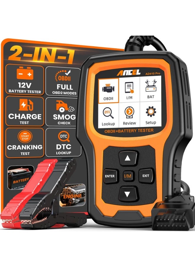 ANCEL AD410 PRO OBD2 Scanner and Battery Tester, 2-in-1 Car Diagnostic Tool, Check Engine Light, EVAP Test, Live Data, 12V Battery Analyzer with Cranking & Charging System Test for Car Motorcycle - Image 1