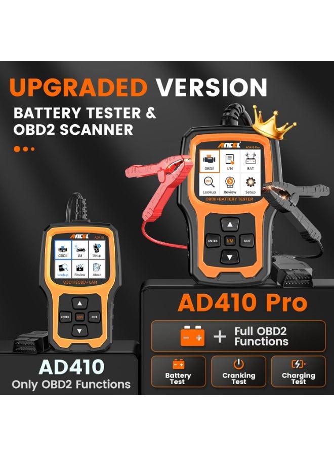 ANCEL AD410 PRO OBD2 Scanner and Battery Tester, 2-in-1 Car Diagnostic Tool, Check Engine Light, EVAP Test, Live Data, 12V Battery Analyzer with Cranking & Charging System Test for Car Motorcycle - Image 2