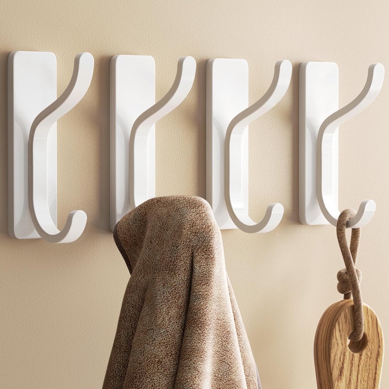 pickpiff Adhesive Wall Coat Hooks - Heavy Duty Stick-On Door Hanger, Metal Hook for Hanging Towel,Purse, Robe, Backpack, Jacket, Clothes - for Bathroom,Dorm, Closet, Kitchen - White, 4 Pack - Image 1