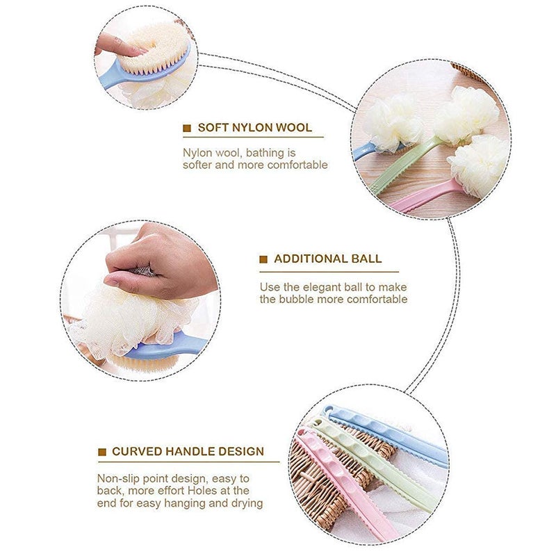 LEGION Back Scrubber Body Brush Loofah Dry Brushing Body Brush with Handle for Shower with Loofah, Bath Brush Mesh Sponge with Curved Handle for Men and Women, Pink, Blue - Image 3