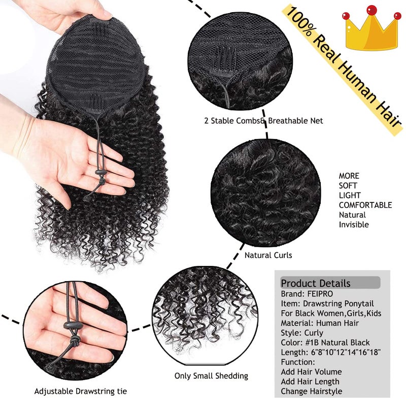 FEIPRO Natural Drawstring Ponytails Real Human Hair for African Black Women Girls Kids,short Afro Puffs Hair Buns Kinky Curly Hairpieces With 2 Stable Combs (8 Inch,#1B Natural Black) - Image 4