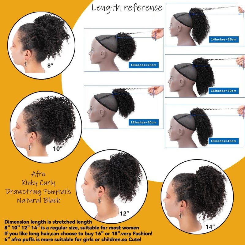 FEIPRO Natural Drawstring Ponytails Real Human Hair for African Black Women Girls Kids,short Afro Puffs Hair Buns Kinky Curly Hairpieces With 2 Stable Combs (8 Inch,#1B Natural Black) - Image 2