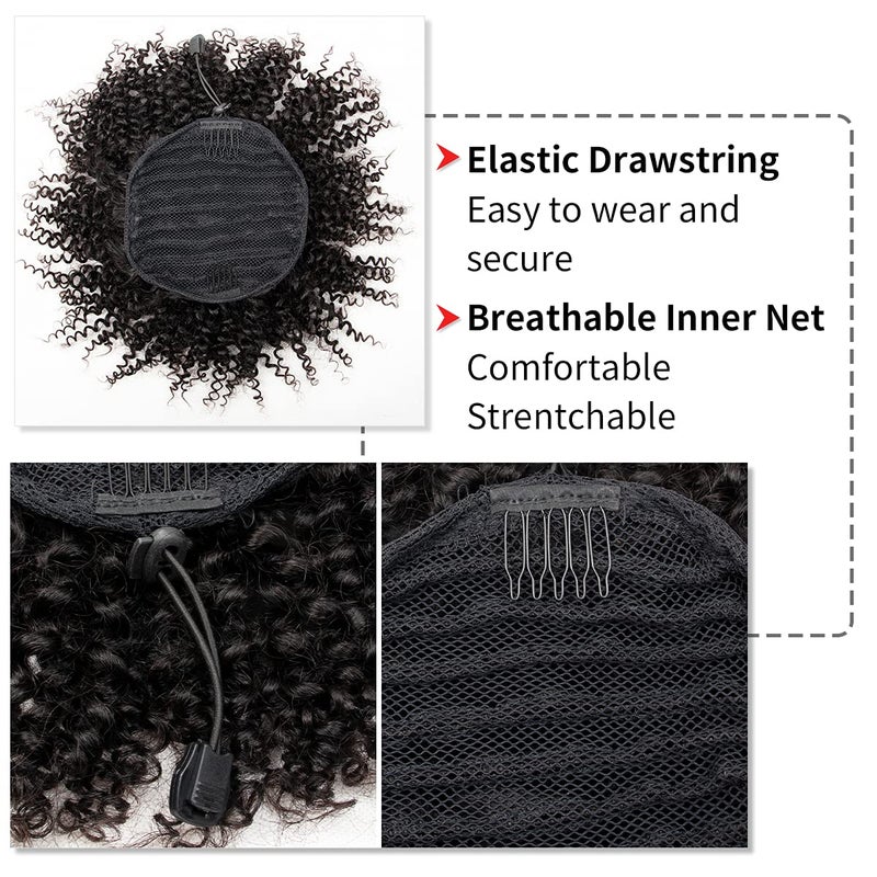 FEIPRO Natural Drawstring Ponytails Real Human Hair for African Black Women Girls Kids,short Afro Puffs Hair Buns Kinky Curly Hairpieces With 2 Stable Combs (8 Inch,#1B Natural Black) - Image 3