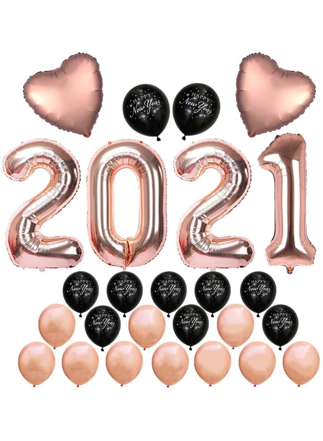 Party Time 26 Pcs Happy New Year Rose Gold Number Foil Balloon 2021 40 Inch | Happy New Year Decorations Rose Gold And Black Latex Balloons 12 Inch | Heart Foil Balloons Rose Gold 18 Inch