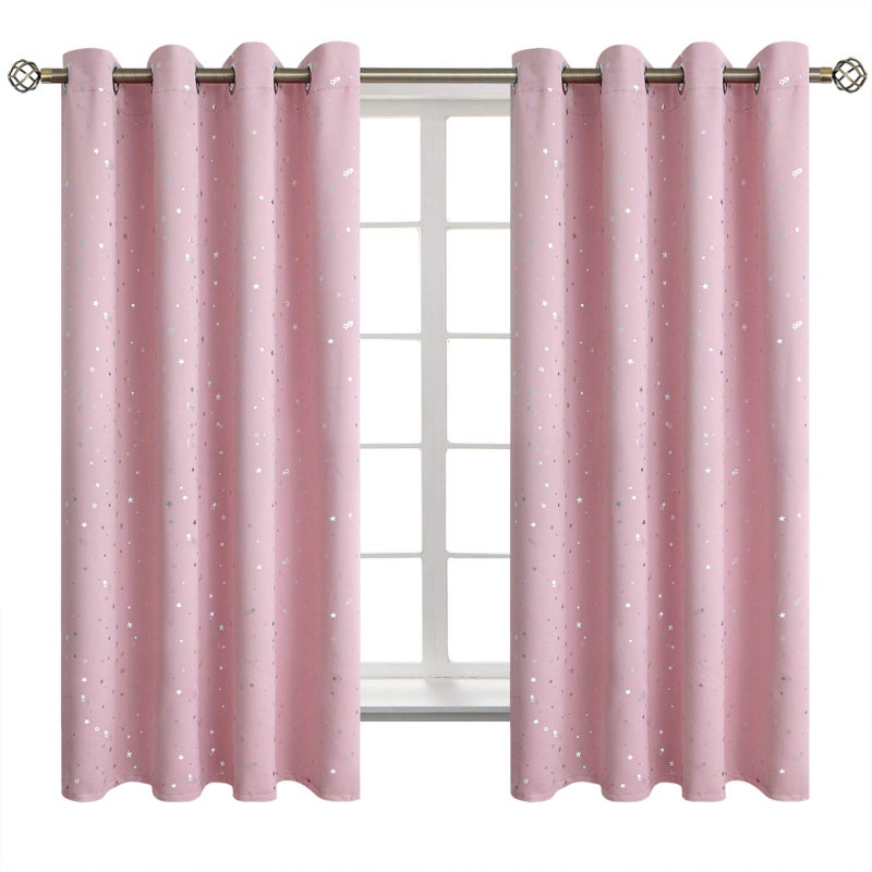BGment Kids Blackout Curtains for Bedroom  Grommet Thermal Insulated Silver Star Print Room Darkening Curtains for Kids Room Set of 2 Panels 52 x 63 Inch Baby Pink
