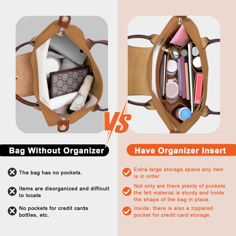 LOUKAYCCI Purse Organizer Insert for Longchamp Le Pliage L Handbag Insert Felt Long Champ Tote Bag Organizer Insert with Cup (EarthColor, Large) - Image 3