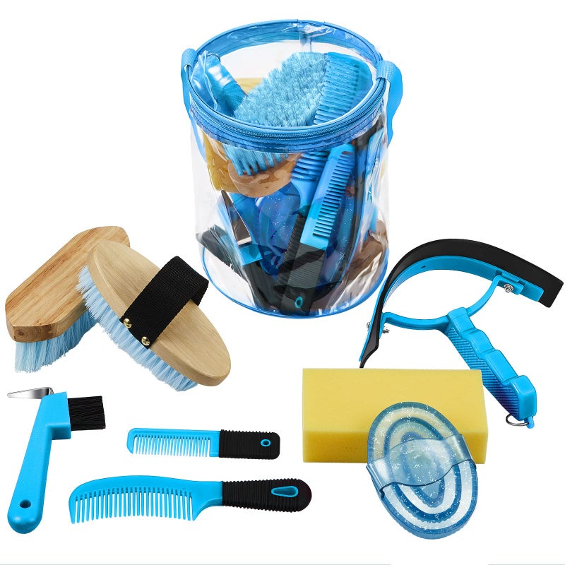 9 Pieces Horse Grooming Kit Tack Room Supplies Set with Organizer Tote Bag Oval Massage Curry Hard and Soft Brush Hoof Pick Sweat Scraper Bathing Sponge Combs for Horse Riders Beginners Blue