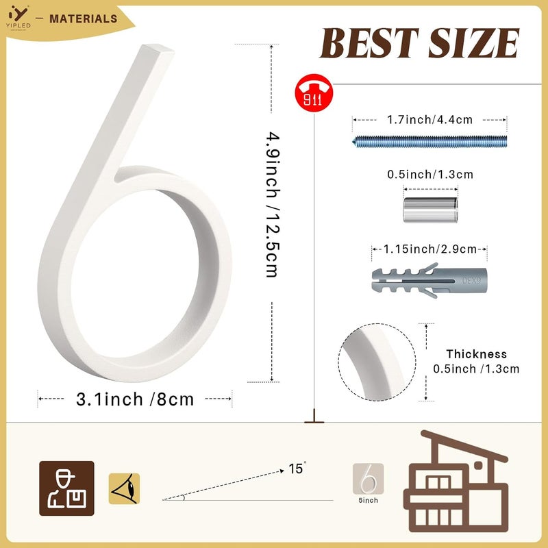 YIPLED 5 Inch House Numbers for Outside, Metal Address Number 6- Modern Design, Weather-Resistant White Crystal Powder Coated Finish, Stain Resistant, No Paint Peeling (White) - Image 3