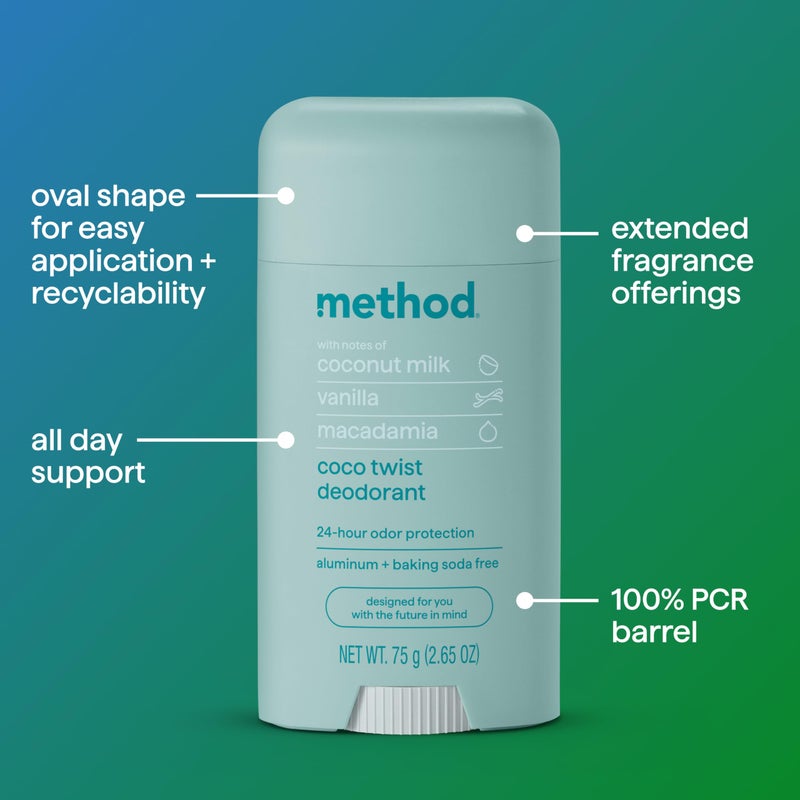 Method Deodorant, Coco Twist, Coconut Milk, Avocado + Macadamia Oil notes, 24 Hour Odor Protection, 2.65 oz - Image 3