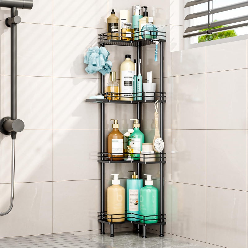 HapiRm Corner Shower Caddy Organizer 4 Tier Shower Shelf Corner with Soap Holder Rustproof Bathroom Standing Organizer with 4 Hooks Black