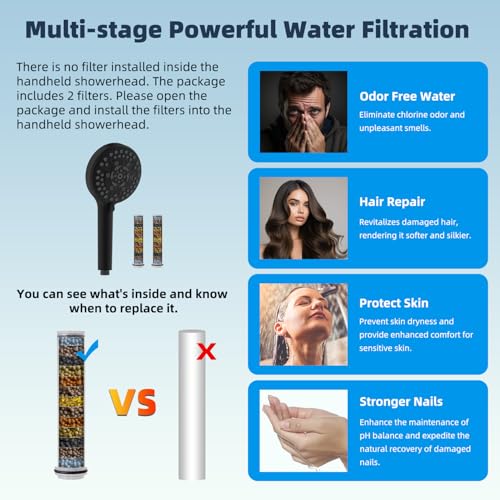 Hibbent All Metal 10'' Dual Filtered Rainfall Shower Head Combo, High Pressure Handheld Shower Head with 12'' Adjustable Curved Extension Arm, 20 Stage Shower Filter, 10-spray, 71'' Hose, Matte Black - Image 5