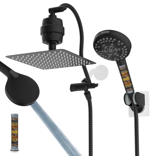 Hibbent All Metal 10'' Dual Filtered Rainfall Shower Head Combo, High Pressure Handheld Shower Head with 12'' Adjustable Curved Extension Arm, 20 Stage Shower Filter, 10-spray, 71'' Hose, Matte Black - Image 1