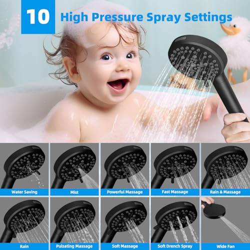 Hibbent All Metal 10'' Dual Filtered Rainfall Shower Head Combo, High Pressure Handheld Shower Head with 12'' Adjustable Curved Extension Arm, 20 Stage Shower Filter, 10-spray, 71'' Hose, Matte Black - Image 2