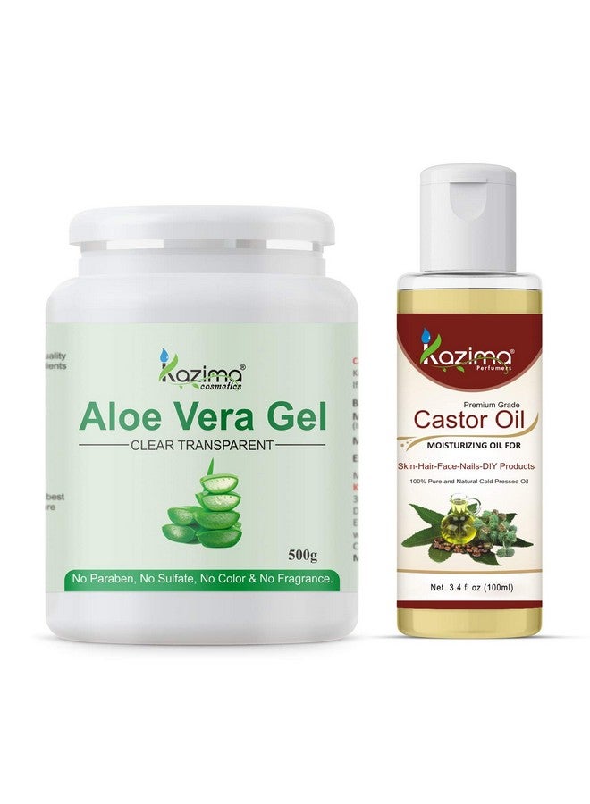 KAZIMA Combo of Aloe Vera Gel 500g & Castor Carrier Oil 100ml - 100% Pure & Natural for Skin, Face, Acne Scars, Hair, Moisturizer & Dark Circles (Combo of 2) - Image 1